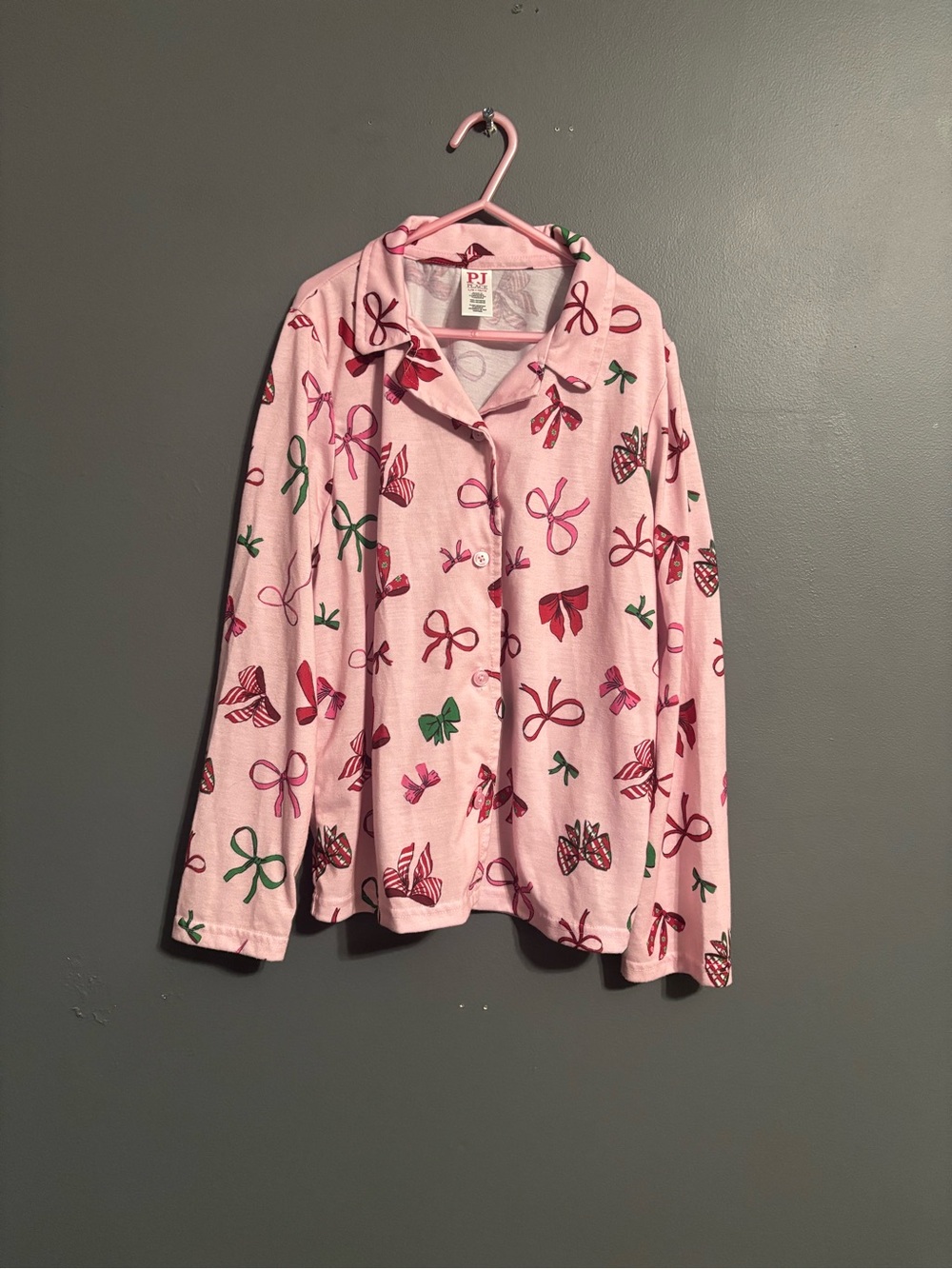 PJ Place Pink Bow Print Button-Up Christmas Long Sleeve Pj Top girls L (10/12)